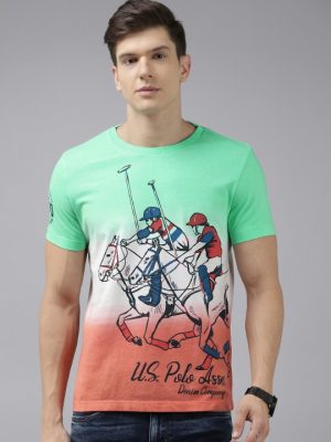 U S Polo Assn Denim Co Men Blue & White Printed Pure Cotton T-shirt